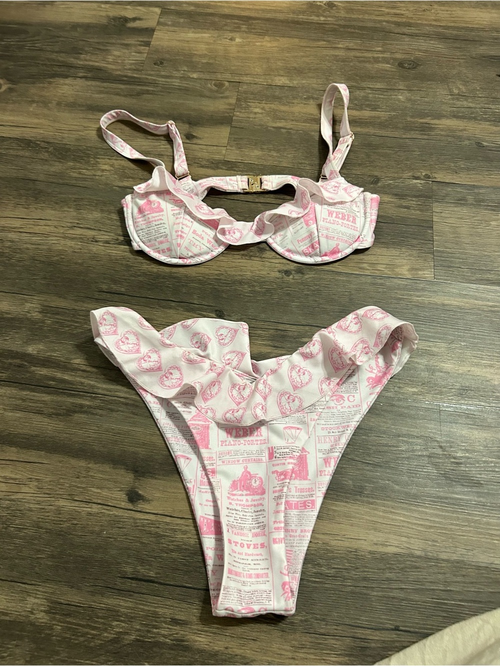 Strawberry Milk Mob Pink & White Newspaper-Print Ruffle Bikini